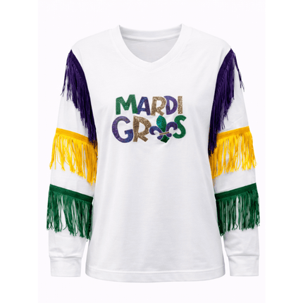 Mardi Gras White Long Sleeve Fringe Tee - Mardi Gras Apparel - Adult, Block Letters, Front Design - Sweatshirt