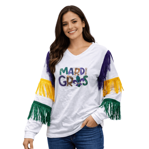 Mardi Gras White Long Sleeve Fringe Tee - Mardi Gras Apparel - Adult, Block Letters, Front Design - Sweatshirt