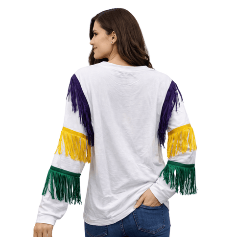 Mardi Gras White Long Sleeve Fringe Tee - Mardi Gras Apparel - Adult, Block Letters, Front Design - Sweatshirt