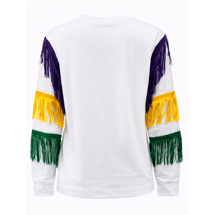 Mardi Gras White Long Sleeve Fringe Tee - Mardi Gras Apparel - Adult, Block Letters, Front Design - Sweatshirt