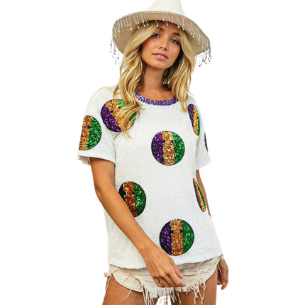 Mardi Gras White Sequin Smiley Patches Sequin Top - Mardi Gras Apparel - Adult, Front Design, Ladies - 