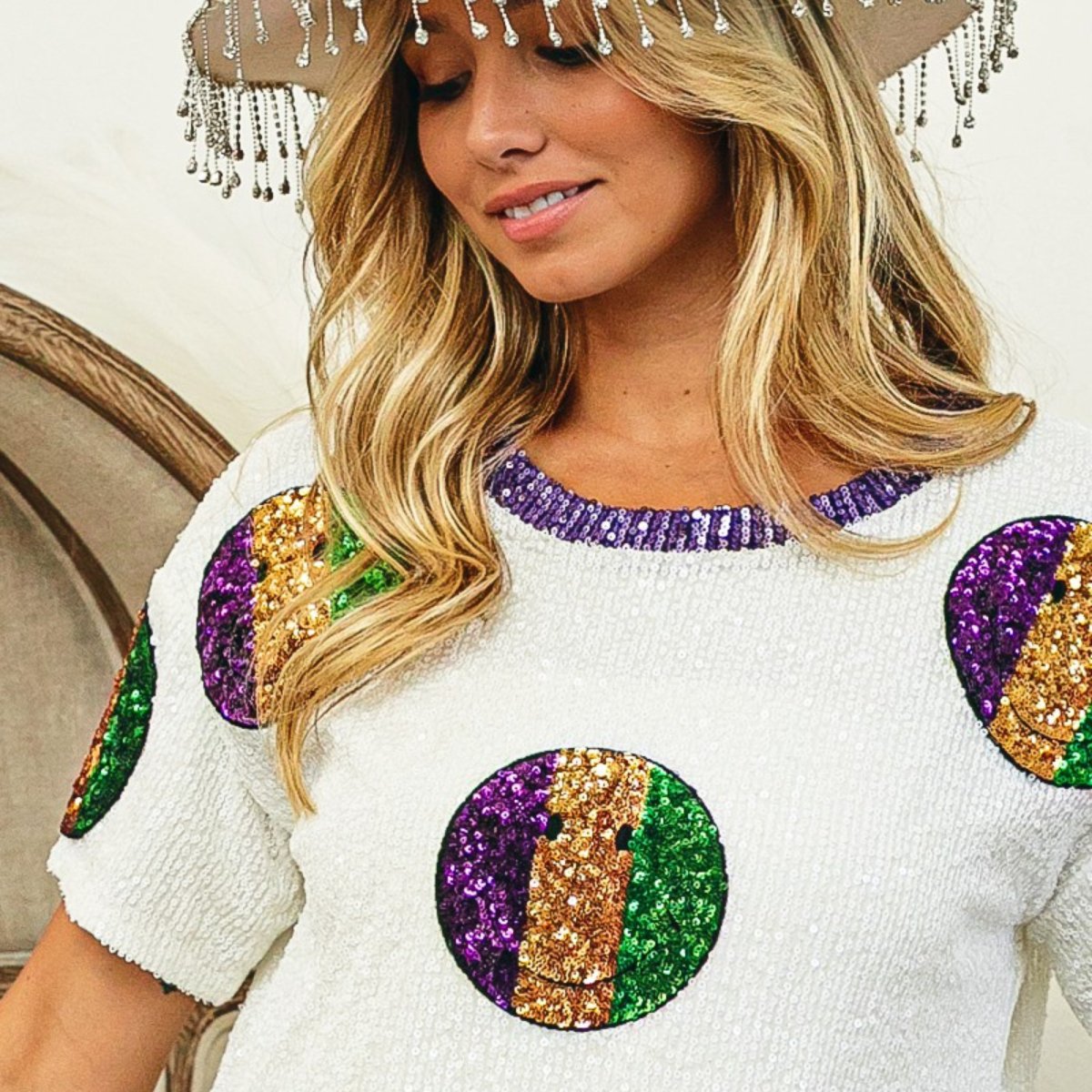 Mardi Gras White Sequin Smiley Patches Sequin Top - Mardi Gras Apparel - Adult, Front Design, Ladies - 