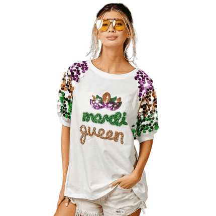 Mardi Queen Sequin Mask Patch Spangled Sleeve White Top - Mardi Gras Apparel - Adult, Bibi, Bibi Top Chart - Sequin Tops