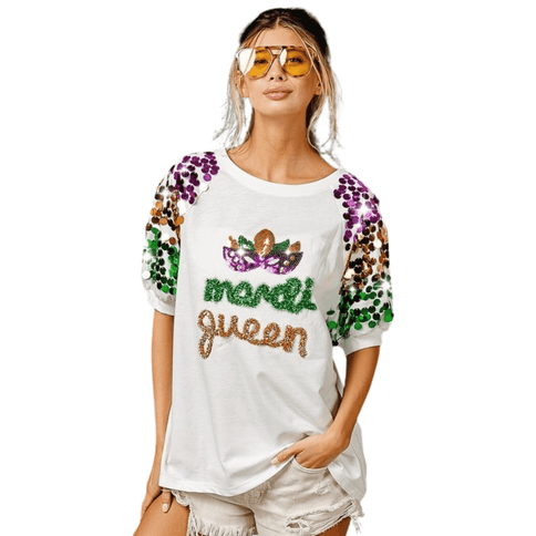 Mardi Queen Sequin Mask Patch Spangled Sleeve White Top - Mardi Gras Apparel - Adult, Bibi, Bibi Top Chart - Sequin Tops