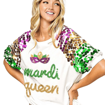 Mardi Queen Sequin Mask Patch Spangled Sleeve White Top - Mardi Gras Apparel - Adult, Bibi, Bibi Top Chart - Sequin Tops