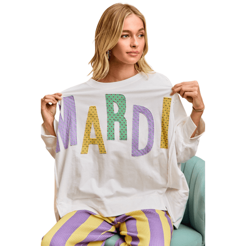 Multi Dots Mardi Letter Patch Oversized Top - Mardi Gras Apparel - Adult, Bibi, Bibi Top Chart - Sweaters