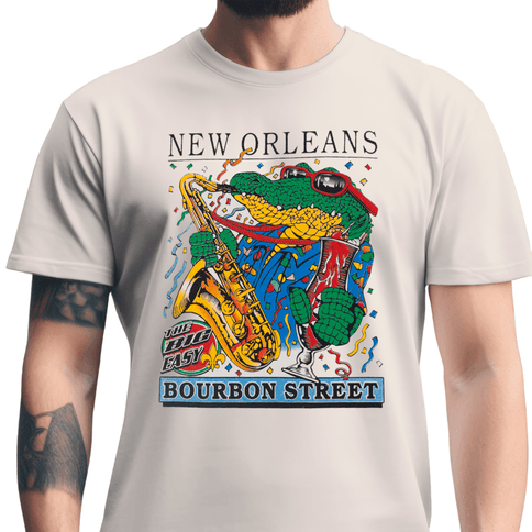 New Orleans Bourbon Street Alligator Jazz T-Shirt Natural - Mardi Gras Apparel - new orleans tshirt, Short Sleeve, - Tee - Shirt