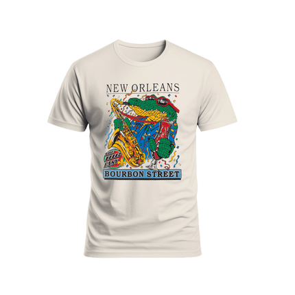 New Orleans Bourbon Street Alligator Jazz T-Shirt Natural - Mardi Gras Apparel - new orleans tshirt, Short Sleeve, - Tee - Shirt
