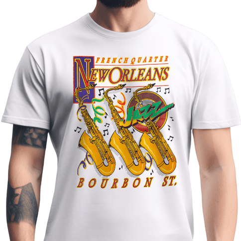New Orleans French Quarter Bourbon Street Jazz Saxophones Graphic T-Shirt Unisex - Mardi Gras Apparel - new orleans tshirt, Short Sleeve, - Tee - Shirt