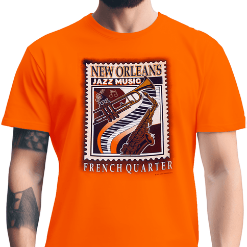New Orleans Jazz Music French Quarter Stamp T-Shirt Orange - Mardi Gras Apparel - new orleans tshirt, Short Sleeve, - Tee - Shirt