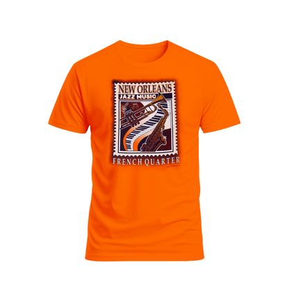 New Orleans Jazz Music French Quarter Stamp T-Shirt Orange - Mardi Gras Apparel - new orleans tshirt, Short Sleeve, - Tee - Shirt
