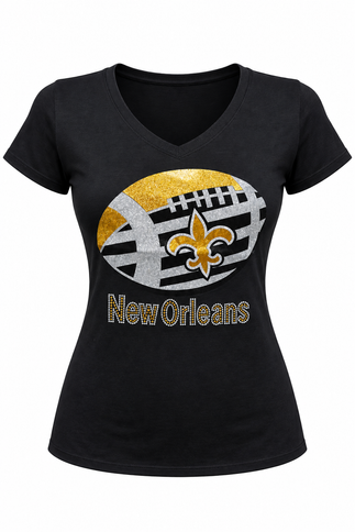 Women’s Glitter New Orleans Black & Gold Football Fleur-de-Lis V-Neck T-Shirt