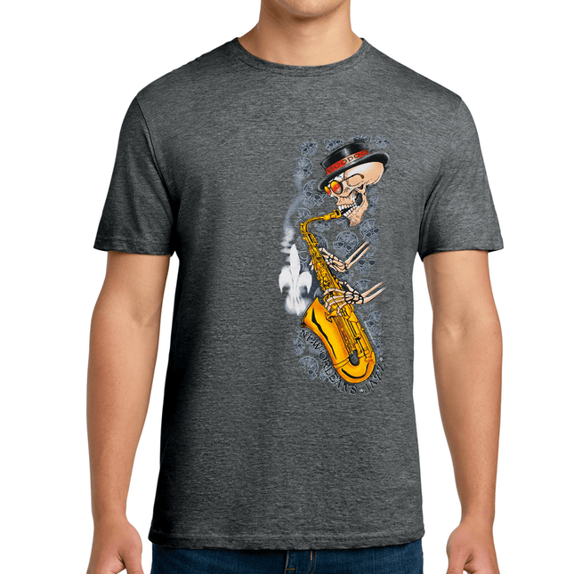 New Orleans Voodoo Jazz Skeleton T-Shirt Heather Dark Heather - Mardi Gras Apparel - new orleans tshirt, Short Sleeve, - Tee - Shirt