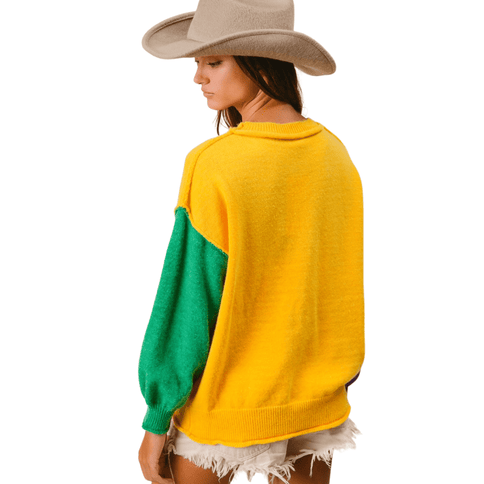 Patch Pocket Mardi Gras Color Block Sweater - Mardi Gras Apparel - Adult, Bibi, Bibi Top Chart - Sweaters
