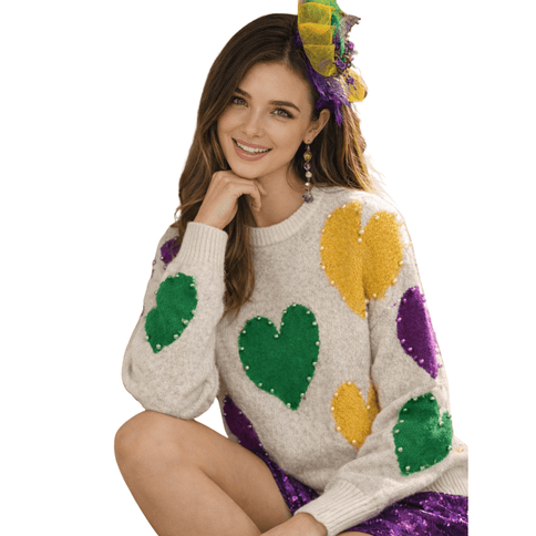 Pearl Hearts Mardi Gras Soft Sweater - Mardi Gras Apparel - Adult, Bibi, Bibi Top Chart - Sweaters