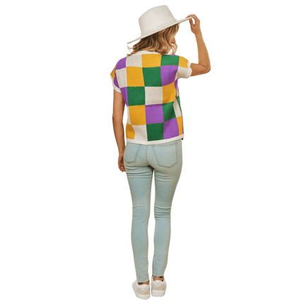 Plus Mardi Gras Colorful Checker Sleeveless Knitted Top - Mardi Gras Apparel - Adult, Ladies, Sequin - Tops