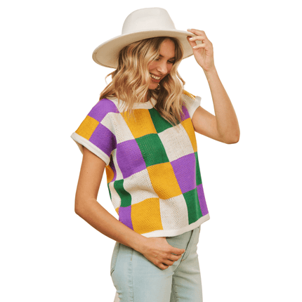 Plus Mardi Gras Colorful Checker Sleeveless Knitted Top - Mardi Gras Apparel - Adult, Ladies, Sequin - Tops