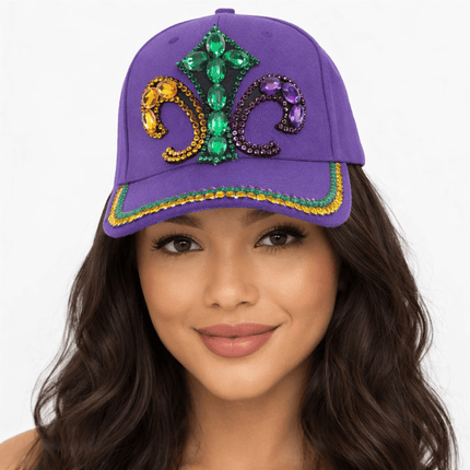 Purple Fleur - de - Lis Rhinestone Baseball Hat - Mardi Gras Apparel - Accessories, accessory discount tier, Hats - Hats