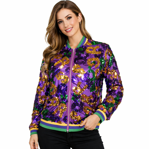 Purple Mardi Gras Sequenced Lettered Jacket w/Yellow, Purple, & Green Trim - Mardi Gras Apparel - Adult, apparel discount tier, Gold - Sequin Jacket
