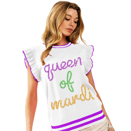 Queen Of Mardi Ruffled Armhole Sleeveless Knit White Top - Mardi Gras Apparel - Adult, Bibi, Bibi Top Chart - Sequin