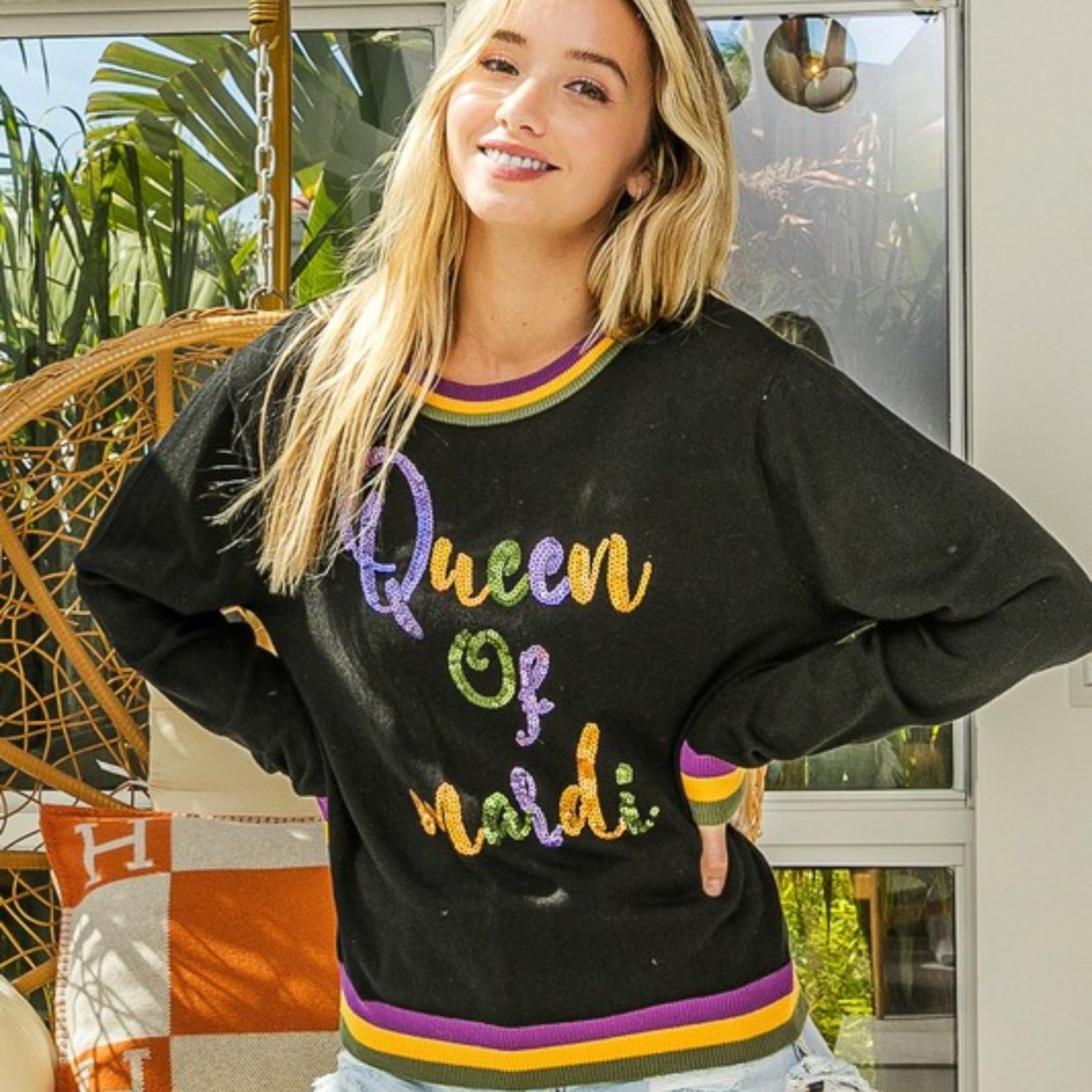 Queen of Mardi Sequin Lettering Mardi Gras Black Top - Mardi Gras Apparel - Adult, Black, Front Design - 