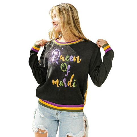 Queen of Mardi Sequin Lettering Mardi Gras Black Top - Mardi Gras Apparel - Adult, Black, Front Design -