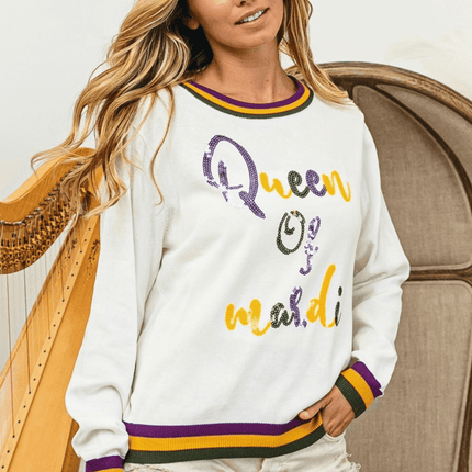 Queen of Mardi Sequin Lettering Mardi Gras White Top - Mardi Gras Apparel - Adult, Bibi, Bibi Top Chart - Sweatshirt