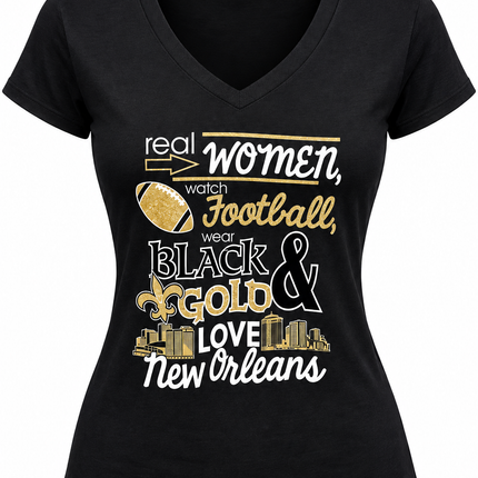 Women’s Real Women Watch Football Black & Gold New Orleans V-Neck T-Shirt
