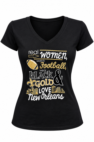 Women’s Real Women Watch Football Black & Gold New Orleans V-Neck T-Shirt