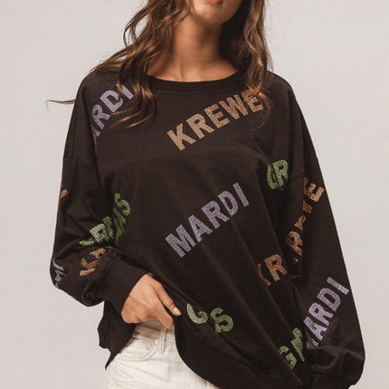 Rhinestone Mardi Gras Krewe Black Pullover - Mardi Gras Apparel - Adult, Bibi, Bibi Top Chart - Sweatshirt