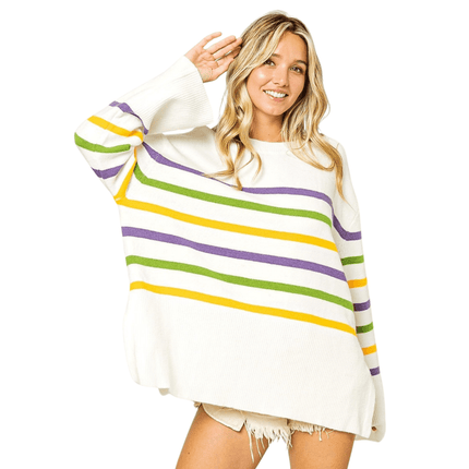 Ribbed Hem Mardi Gras Stripe Sweater - Mardi Gras Apparel - Adult, apparel discount tier, Bibi - Sweaters