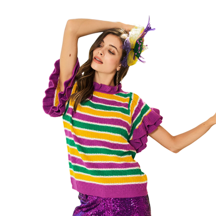Ruffled Flared Sleeves Mardi Gras Top - Mardi Gras Apparel - Adult, apparel discount tier, Green - Sweaters