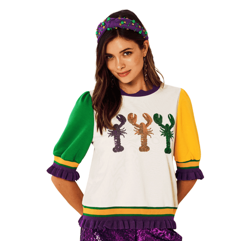 Ruffled Half Sleeves Sequin Lobster Top - Mardi Gras Apparel - Adult, Bibi, Bibi Top Chart - Sequin Tops