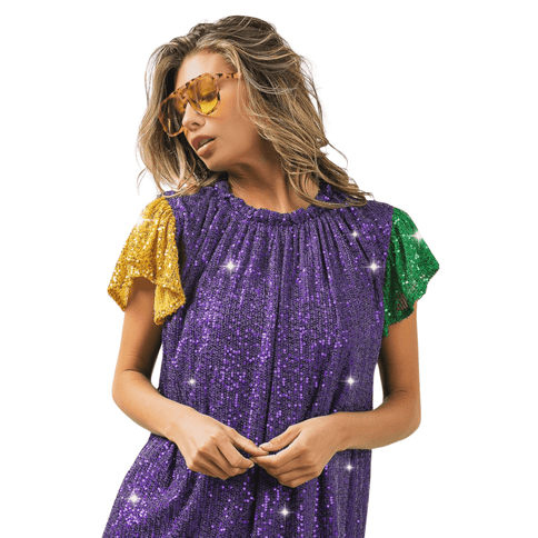 Ruffled Neck Short Sleeve Sequin Mardi Gras Top - Mardi Gras Apparel - Adult, Bibi, Bibi Top Chart - Sequin Tops