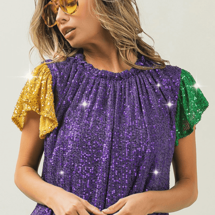 Ruffled Neck Short Sleeve Sequin Mardi Gras Top - Mardi Gras Apparel - Adult, Bibi, Bibi Top Chart - Sequin Tops