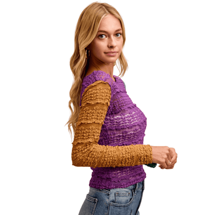 Ruffles Detail Mardi Gras Color Block Flower Top - Mardi Gras Apparel - Adult, Bibi, Bibi Top Chart - Sequin Tops