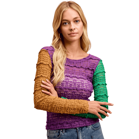 Ruffles Detail Mardi Gras Color Block Flower Top - Mardi Gras Apparel - Adult, Bibi, Bibi Top Chart - Sequin Tops