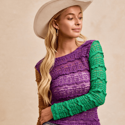 Ruffles Detail Mardi Gras Color Block Flower Top - Mardi Gras Apparel - Adult, Bibi, Bibi Top Chart - Sequin Tops