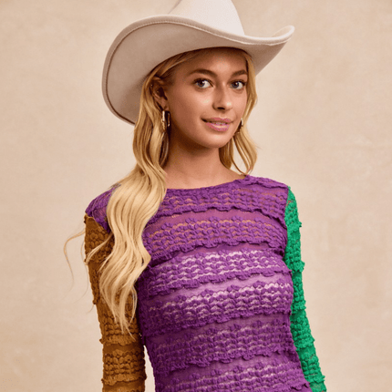 Ruffles Detail Mardi Gras Color Block Flower Top - Mardi Gras Apparel - Adult, Bibi, Bibi Top Chart - Sequin Tops