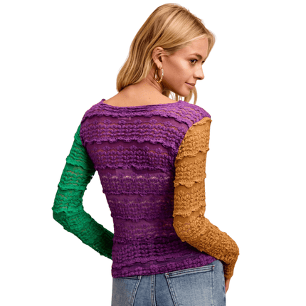 Ruffles Detail Mardi Gras Color Block Flower Top - Mardi Gras Apparel - Adult, Bibi, Bibi Top Chart - Sequin Tops