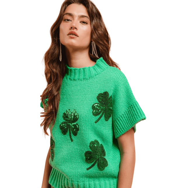 Sequin Clovers Embroidery Sleeveless Sweater - Green - Mardi Gras Apparel - St. Patrick’s Day, , - Tops