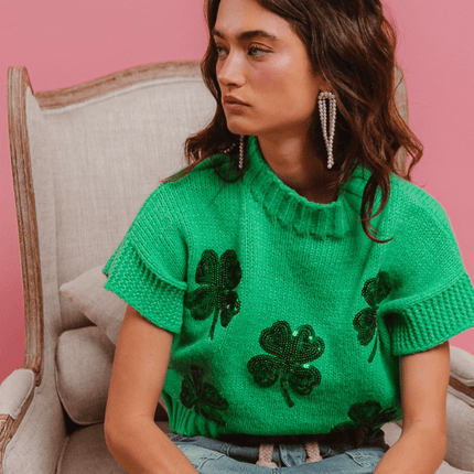 Sequin Clovers Embroidery Sleeveless Sweater - Green - Mardi Gras Apparel - St. Patrick’s Day, , - Tops