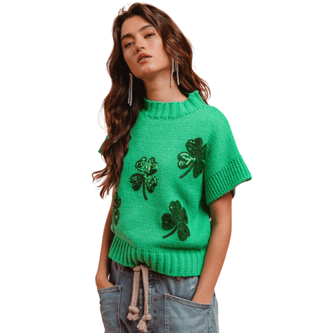 Sequin Clovers Embroidery Sleeveless Sweater - Green - Mardi Gras Apparel - St. Patrick’s Day, , - Tops