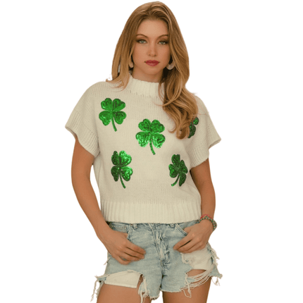 Sequin Clovers Embroidery Sleeveless Sweater - Oatmeal - Mardi Gras Apparel - St. Patrick’s Day, , - Tops