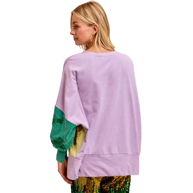 Sequin Crawfish Washed Mardi Gras Sweatshirt Top - Mardi Gras Apparel - Adult, Bibi, Bibi Top Chart - Sweaters