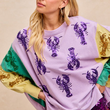 Sequin Crawfish Washed Mardi Gras Sweatshirt Top - Mardi Gras Apparel - Adult, Bibi, Bibi Top Chart - Sweaters