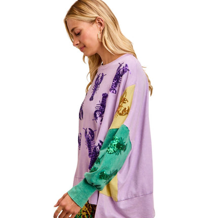 Sequin Crawfish Washed Mardi Gras Sweatshirt Top - Mardi Gras Apparel - Adult, Bibi, Bibi Top Chart - Sweaters