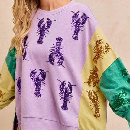 Sequin Crawfish Washed Mardi Gras Sweatshirt Top - Mardi Gras Apparel - Adult, Bibi, Bibi Top Chart - Sweaters