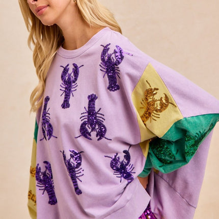 Sequin Crawfish Washed Mardi Gras Sweatshirt Top - Mardi Gras Apparel - Adult, Bibi, Bibi Top Chart - Sweaters