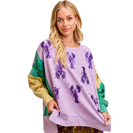Sequin Crawfish Washed Mardi Gras Sweatshirt Top - Mardi Gras Apparel - Adult, Bibi, Bibi Top Chart - Sweaters